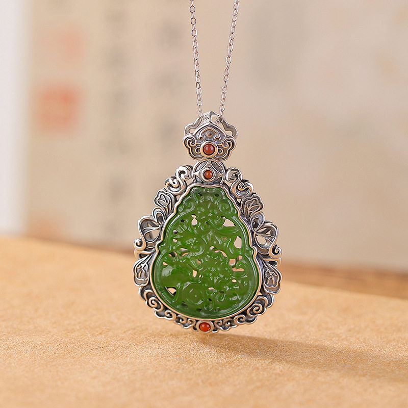 通体S925纯银天然和田玉碧玉葫芦如意吊坠复古做旧新中式银挂坠