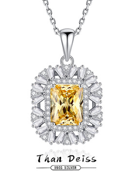 跨境S925纯银黄钻方糖珠宝吊坠项链女冰花切高碳钻彩色宝石锁骨链