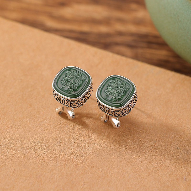 通体天然和田玉S925纯银碧玉方形扎基拉姆金刚杵心银耳钉耳夹