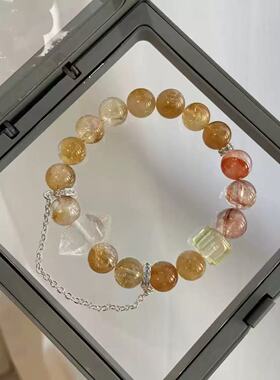 【金边红云】天然黄塔晶红胶花手链柠檬晶白水晶饰品水晶手串