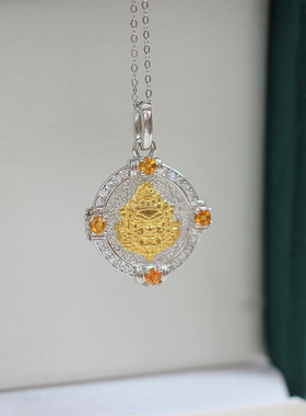 天然黄财神水晶吊坠s925银镶嵌黄水晶圆形吊坠圆牌项链时尚百搭