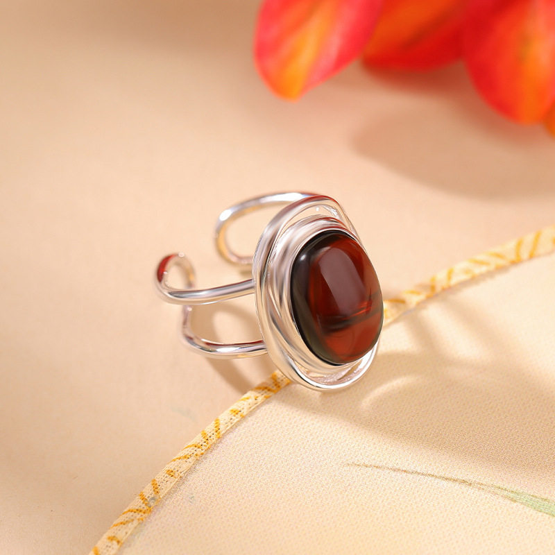 通体纯银S925纯银血珀复古时尚简约蛋面戒指欧美个性潮流开口指环