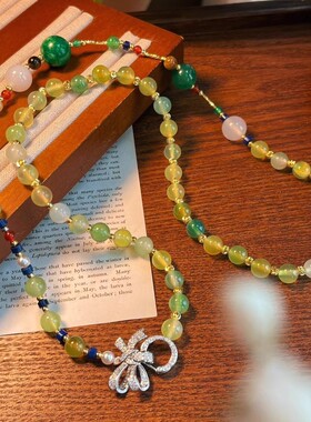 天然绿玉髓粉晶青金虎眼各种天然水晶毛衣链小众轻奢复古项链女