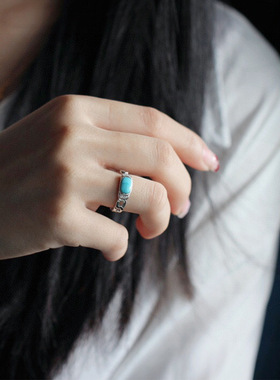 s925银镶嵌复古天然原矿湖北绿松石马鞍戒指原矿绿松泰银戒指