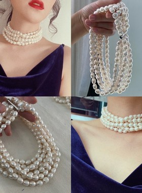 9-10mm天然淡水珍珠项链百搭复古轻奢六层珍珠chocker
