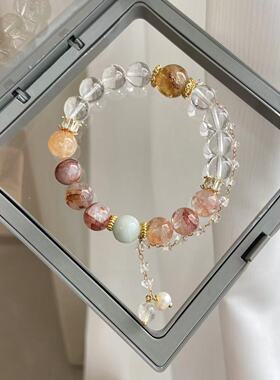 【绕指柔】天然海蓝宝10mm红胶花淡水珍珠手串男女朋友黄塔晶手链