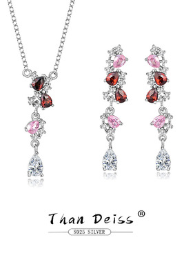 欧美新娘简约锆石套链S925纯银项链吊坠耳钉套装女友情人节礼物