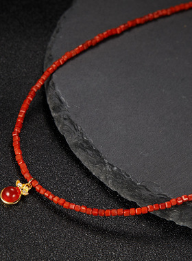 s925纯银手工编织天然南红玛瑙方糖宝石项链民族古风轻奢锁骨链