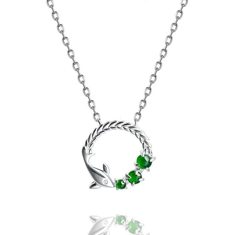 高档天然a货翡翠阳绿海豚吊坠S925银镶玉石女款时尚挂件套链