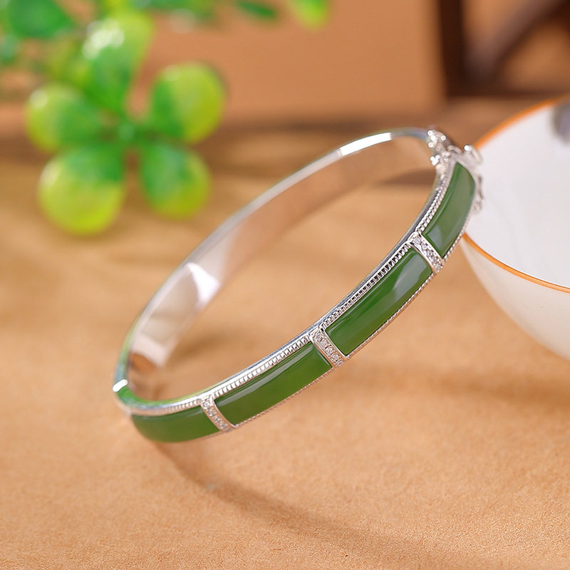 通体S925纯银和田玉碧玉复古简约轻奢无事牌贵妃镯手镯气质手环