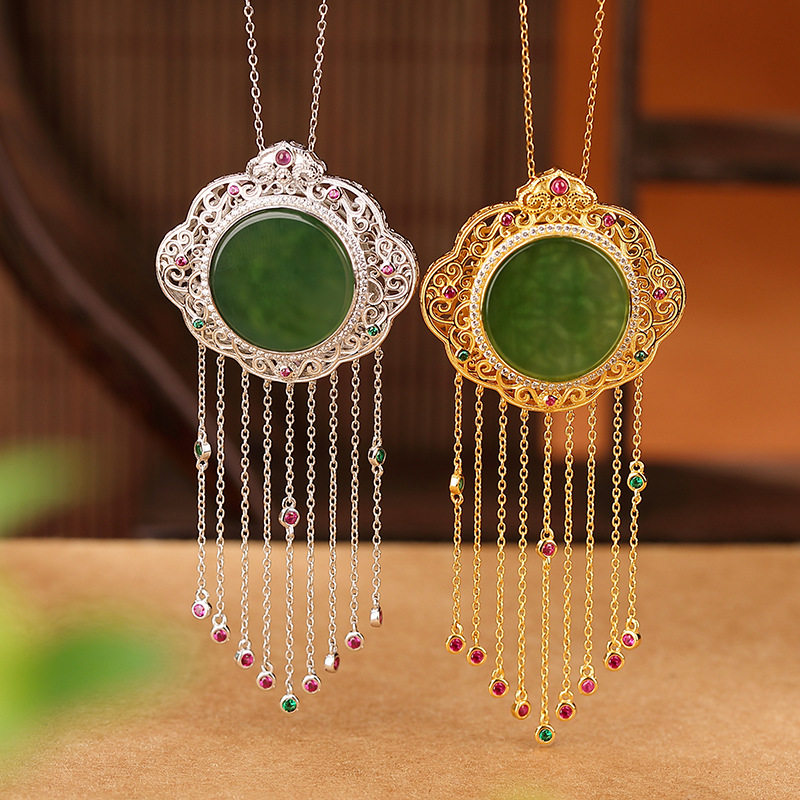 通体S925纯银镀金和田玉碧玉祥云如意镂空流苏吊坠复古优雅挂坠