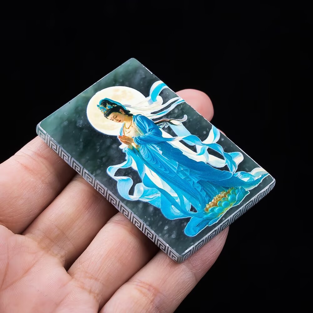 天然A货翡翠观音牌蓝水料精工喷绘高冰种老玉石吊坠挂件玉佩