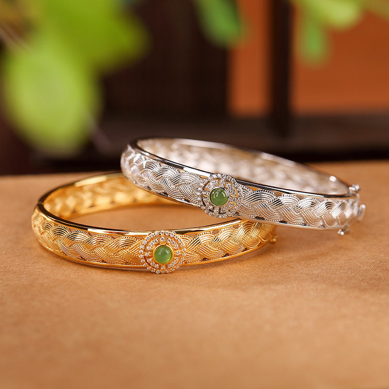 通体S925纯银镀金和田玉碧玉简约轻奢吉祥编织手镯气质百搭手环