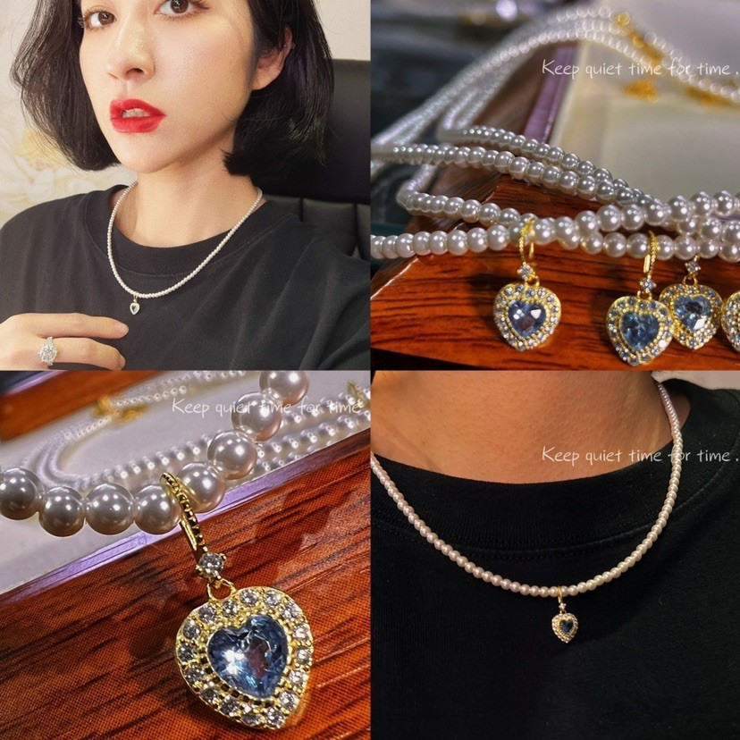 施家珍珠银超海蓝宝小吊坠百搭小清新项链锁骨链