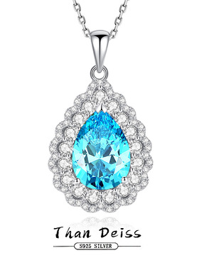 原创设计新款S925纯银轻奢项链女梨形10*14海蓝宝高碳钻水滴吊坠