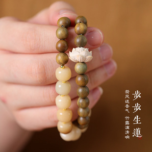 原创清新素雅夏季绿檀木复古念珠手串女菩提根黄杨木精雕莲花链