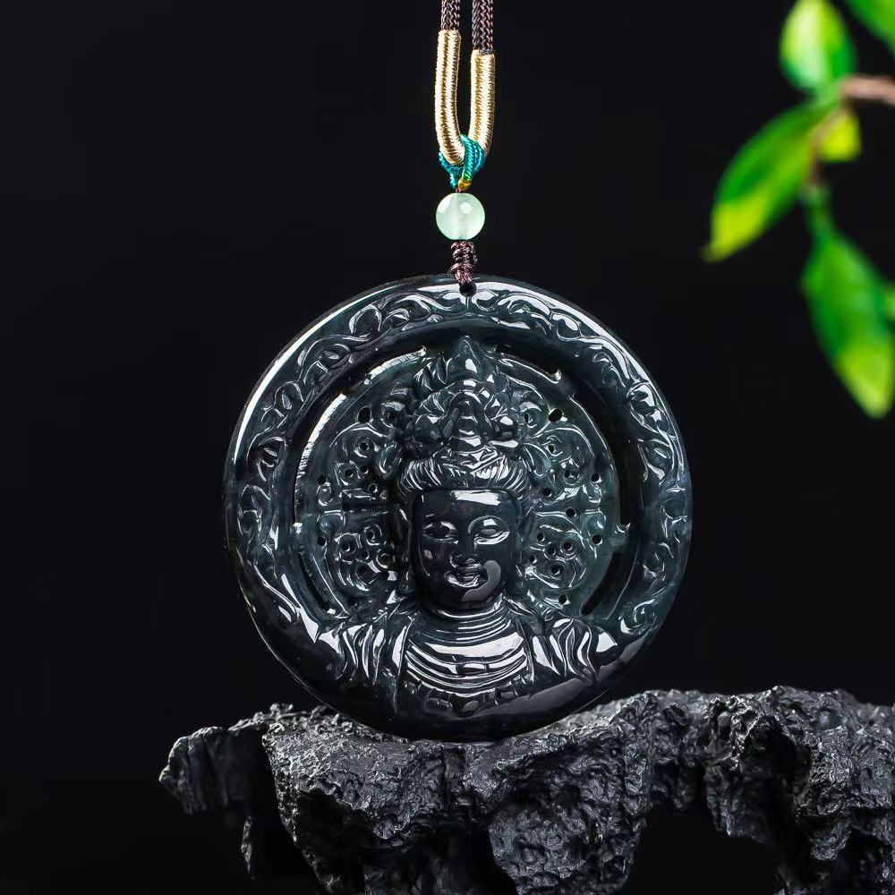 天然翡翠玉石A货乌鸡高冰老料一念之间观音玉牌男士挂件女士吊坠