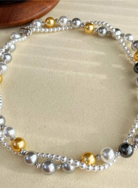 手作银扣施家人造水晶珍珠扭转麻花项链双层复古珍珠混彩项链女