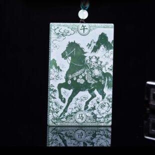 天然A货翡翠马上有钱蓝水料双面精工影雕高冰种老玉石吊坠挂件玉