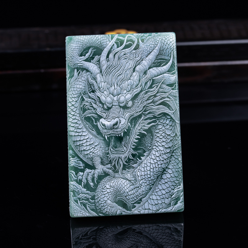 天然A货翡翠山水龙牌蓝水料双面精工影雕高冰玉石吊坠挂件玉佩