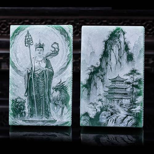 天然A货翡翠地藏王大日双面精工影雕老玉石吊坠挂件玉佩绿翡翠