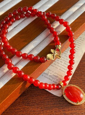 天然热辣火红玉髓项链大颗粒蛋面红色玉石吊坠女送婆婆妈妈
