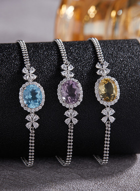 高级不掉色S925纯银天然托帕石黄紫水晶彩宝手链手镯饰品珠宝