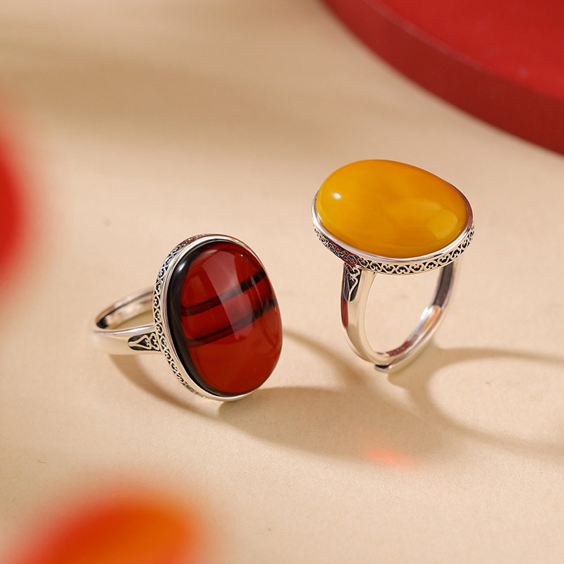 通体纯银S925纯银蜜蜡血珀复古做旧吉祥如意蛋面戒指气质开口指环