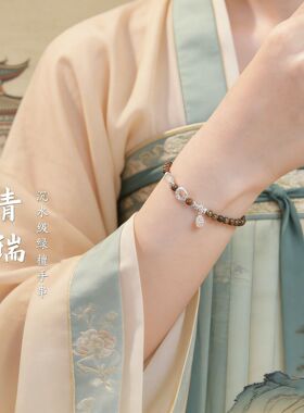 天然绿檀木手串女款925银平安扣手链和田玉珠手饰送女友礼物