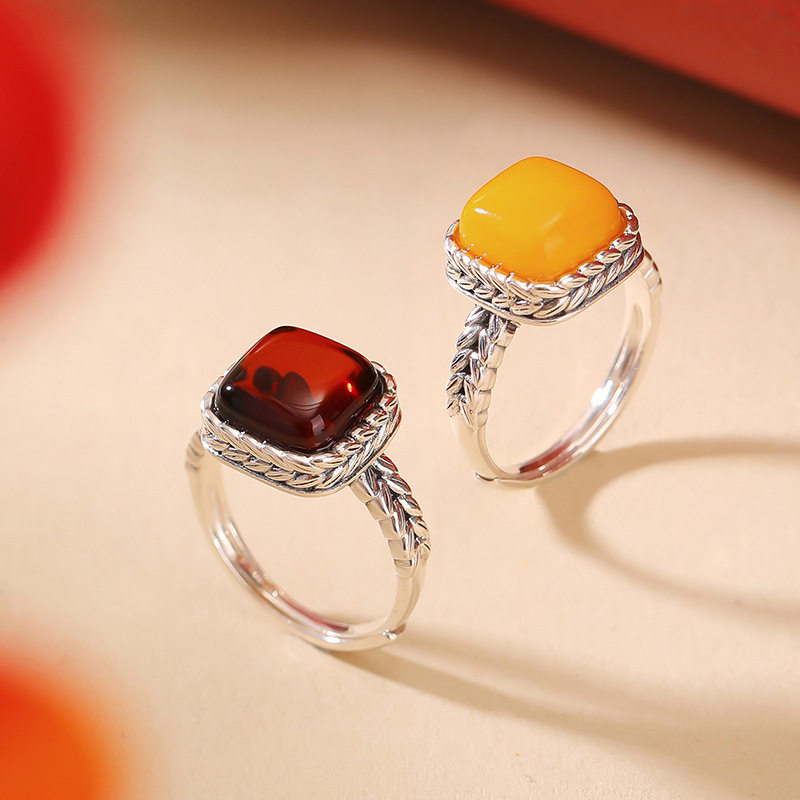 通体纯银S925纯银蜜蜡血珀复古做旧麦穗方形戒指新中式民族风指环