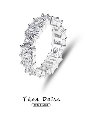 欧美方排钻戒指女男S925纯银小众创意设计镶超闪圆钻锆石手饰