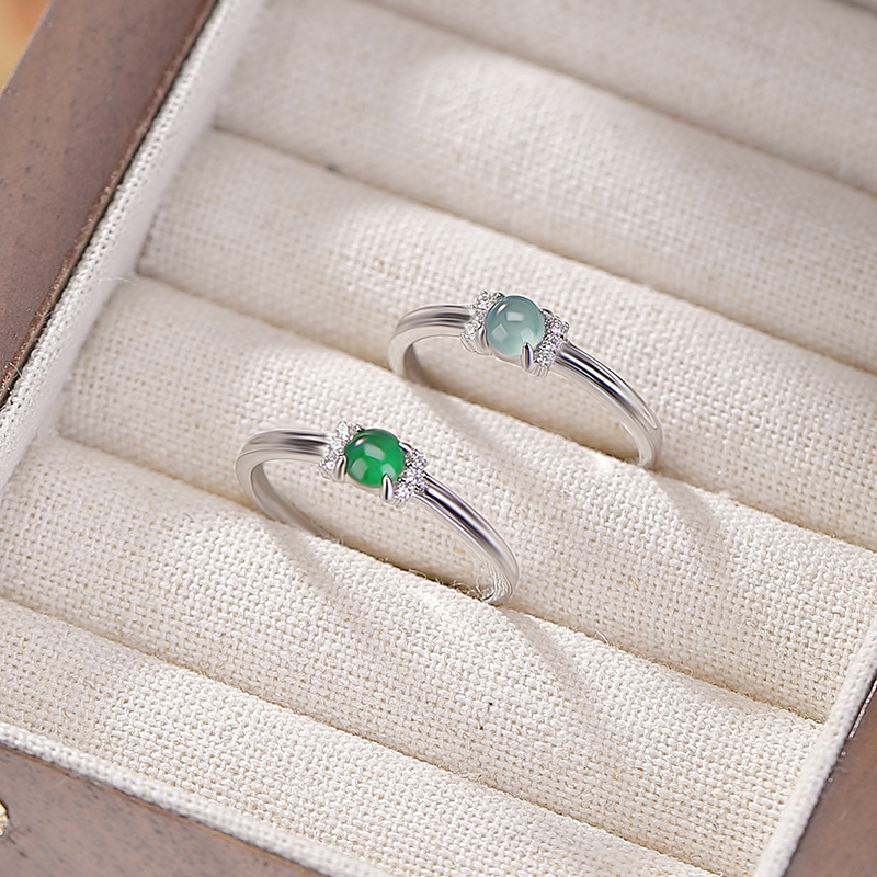 通体S925纯银危料蓝水翡翠绿翡翠简约圆珠轻奢开口戒指指环