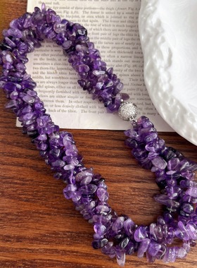 国风复古天然紫水晶碎石多层缠绕项链锁骨链晚装链