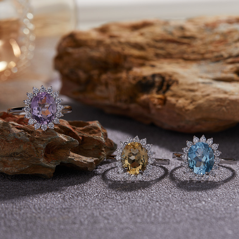 高级感S925纯银18K金天然彩宝戒指大克拉食指戒不掉色经典戴妃款