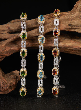 欧美时尚彩宝饰品S925纯银镶天然托帕石石榴石透辉石手链