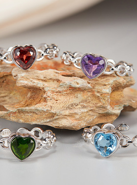S925纯银天然托帕石石榴石透辉石紫水晶彩宝爱心戒指女小红书