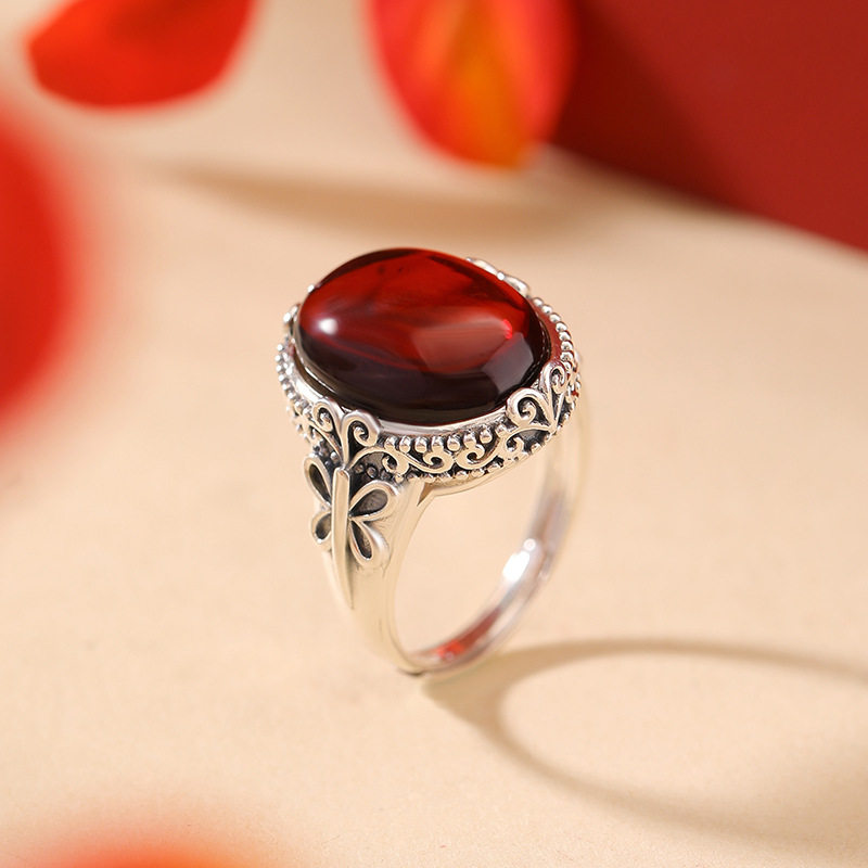 通体纯银S925纯银血珀复古做旧蝴蝶蛋面戒指国风新中式气质银指环