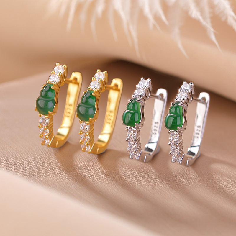 通体S925纯银镀金翡翠复古轻奢葫芦耳环时尚气质百搭银耳夹耳饰