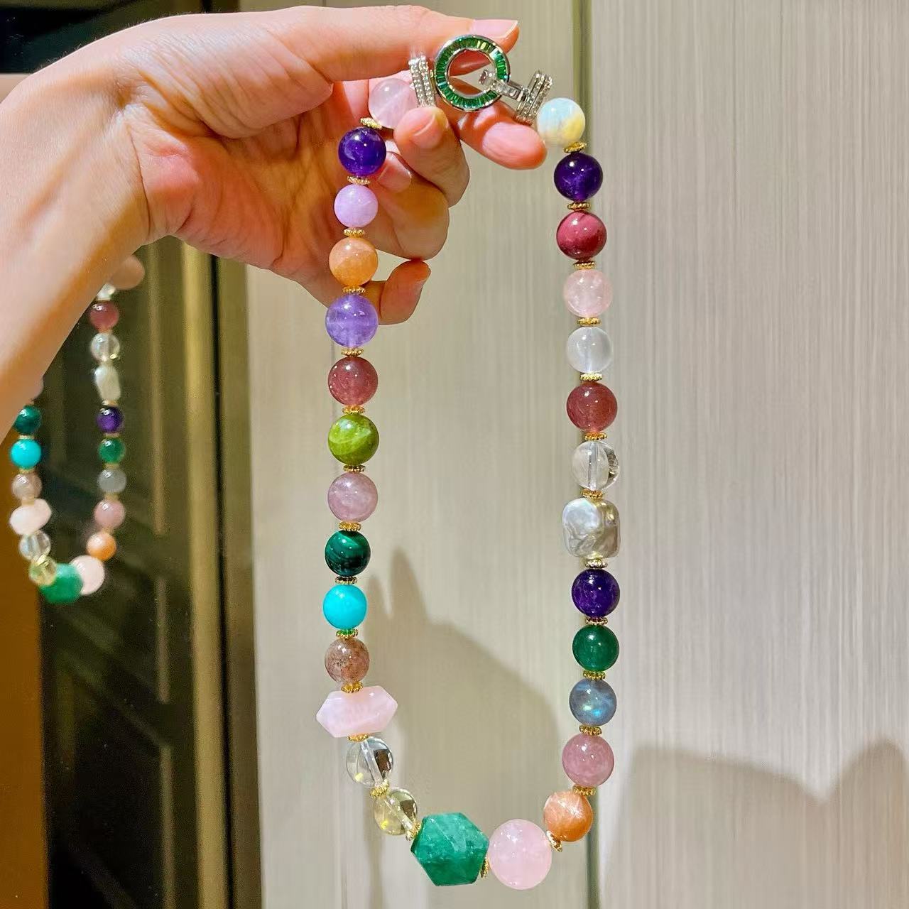 12-18mm天然高品质紫水晶柠檬黄晶白水晶粉晶紫锂辉多宝项链