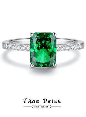 直销925纯银彩宝6*8mm方绿冰花高碳钻戒指女简约排钻百搭银饰