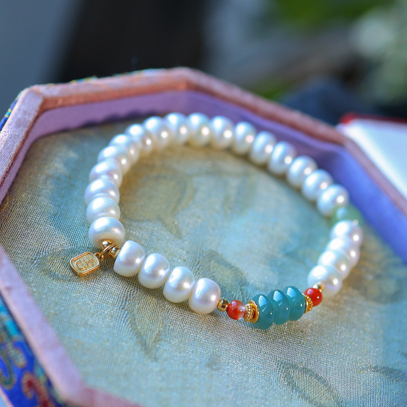 新中式天然珍珠手链轻奢小众手串蓝水翡翠鼓珠碧玉南红饰品串珠女