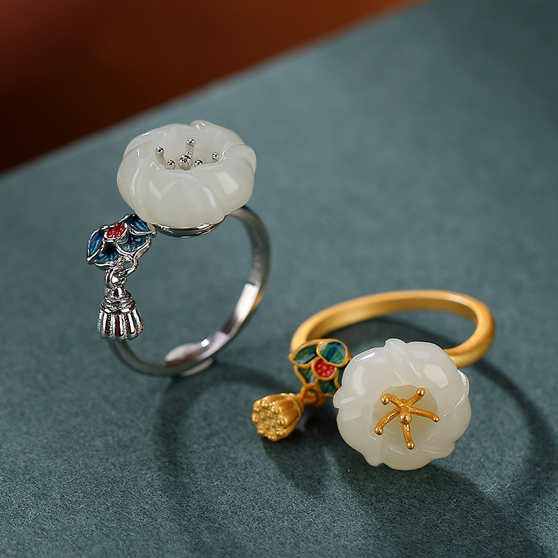 通体S925纯银镀金和田玉复古做旧哑光个性莲花开口女款戒指指环