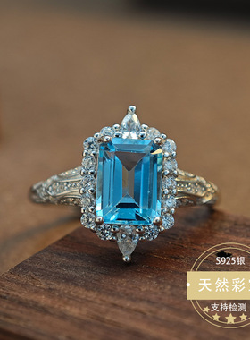 新款海蓝色托帕石戒指宝石戒指镶嵌银女小众高级轻奢