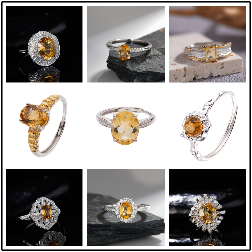 原创设计不掉色小众高级感S925纯银18K天然黄水晶招财彩宝戒指女