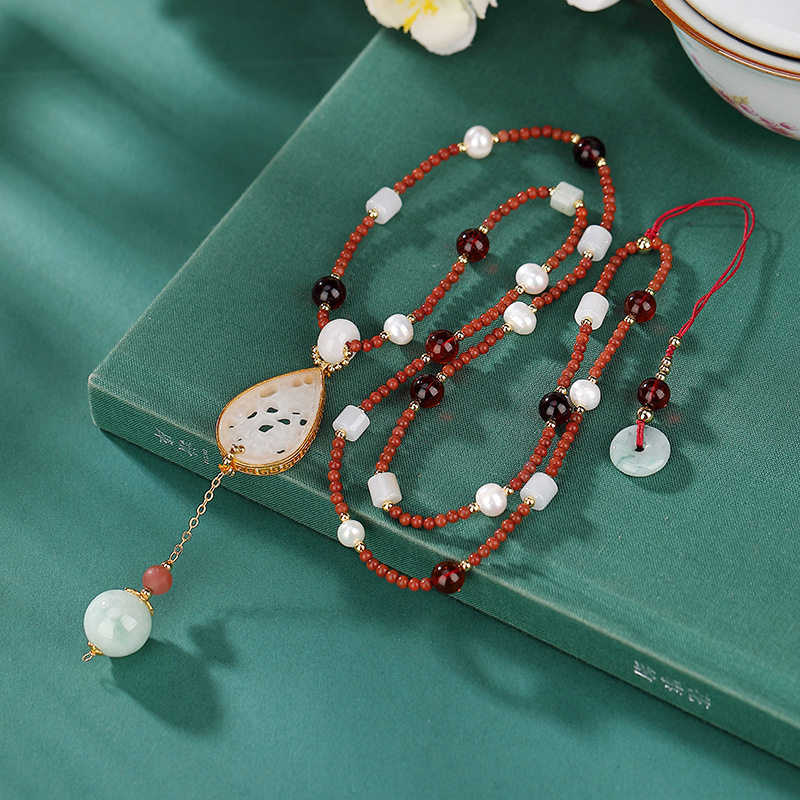 通体S925纯银镀金和田玉血珀翡翠路路通藕片珠串项链气质银套链