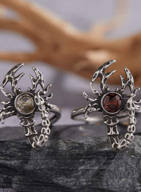 S925纯银镶天然石榴石黄水晶宝戒指复古个性夸张欧泊蝎子直播新款