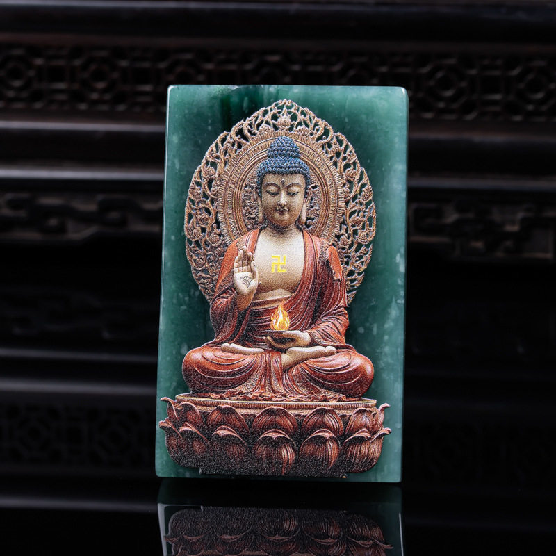 天然A货翡翠大日如来佛蓝水料双面精工喷绘高冰玉石吊坠挂件玉佩