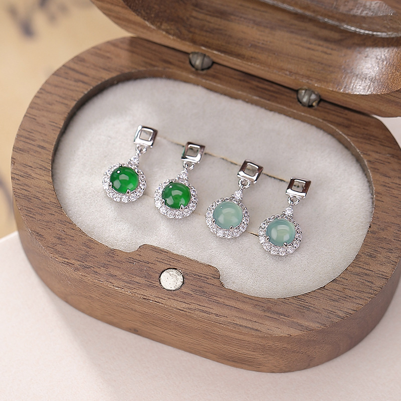 通体S925纯银蓝水翡翠绿翡翠时尚简约几何圆珠耳钉气质百搭耳坠