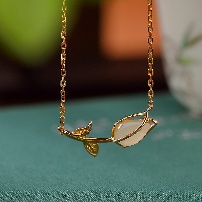 通体S925纯银镀金和田玉复古个性郁金香女士气质锁骨链吊坠套链