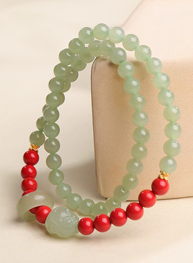 天然和田玉手链男女款貔貅朱砂跑环双圈手串红色礼物本命年送女友